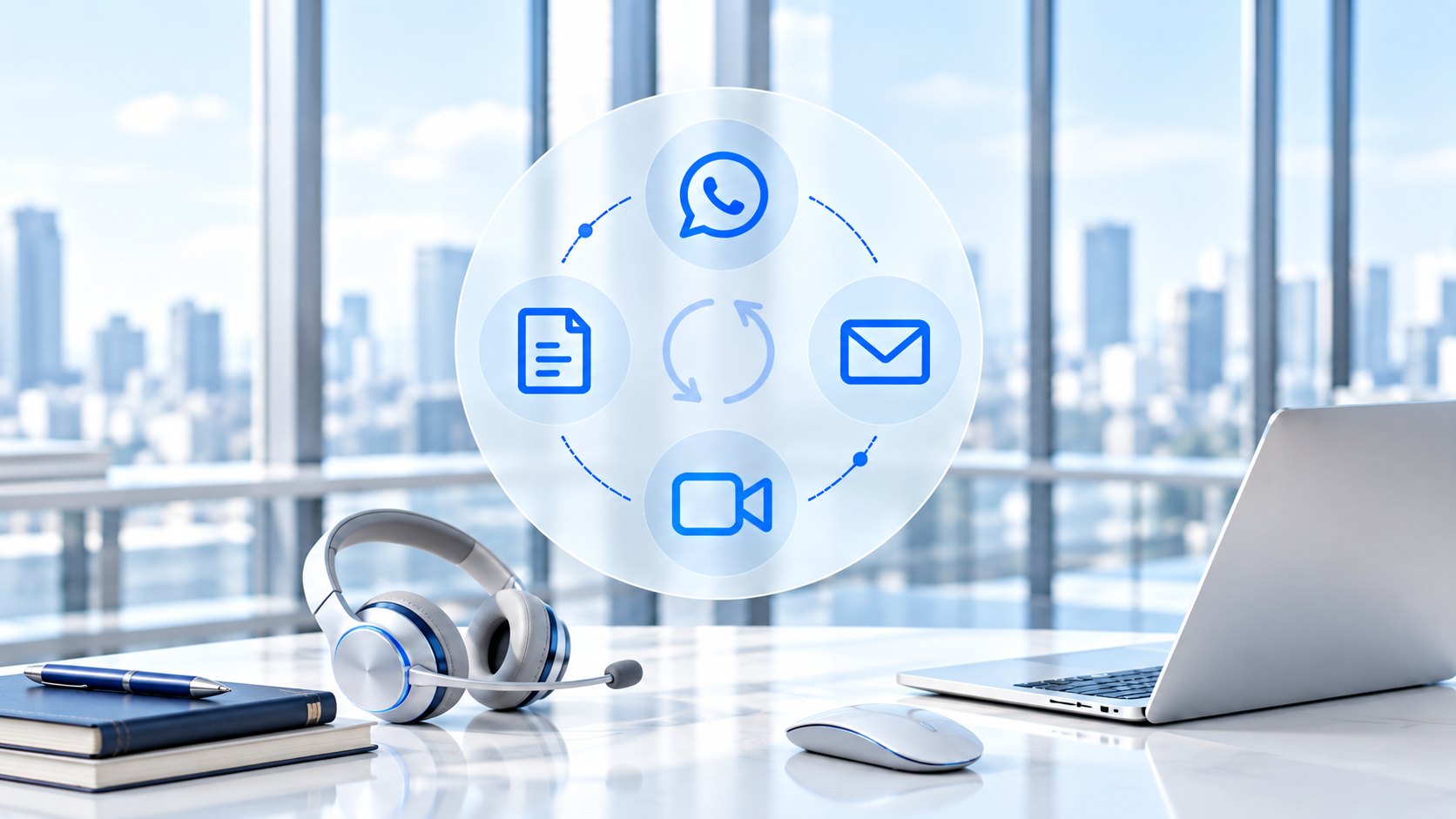 Escritorio con auriculares y portátil: WhatsApp, correo, formulario y videollamada