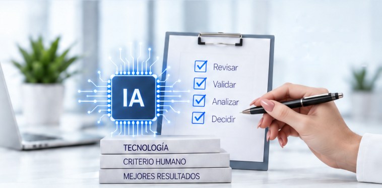 Chip de inteligencia artificial junto a una lista de revisión: revisar, validar, analizar, decidir